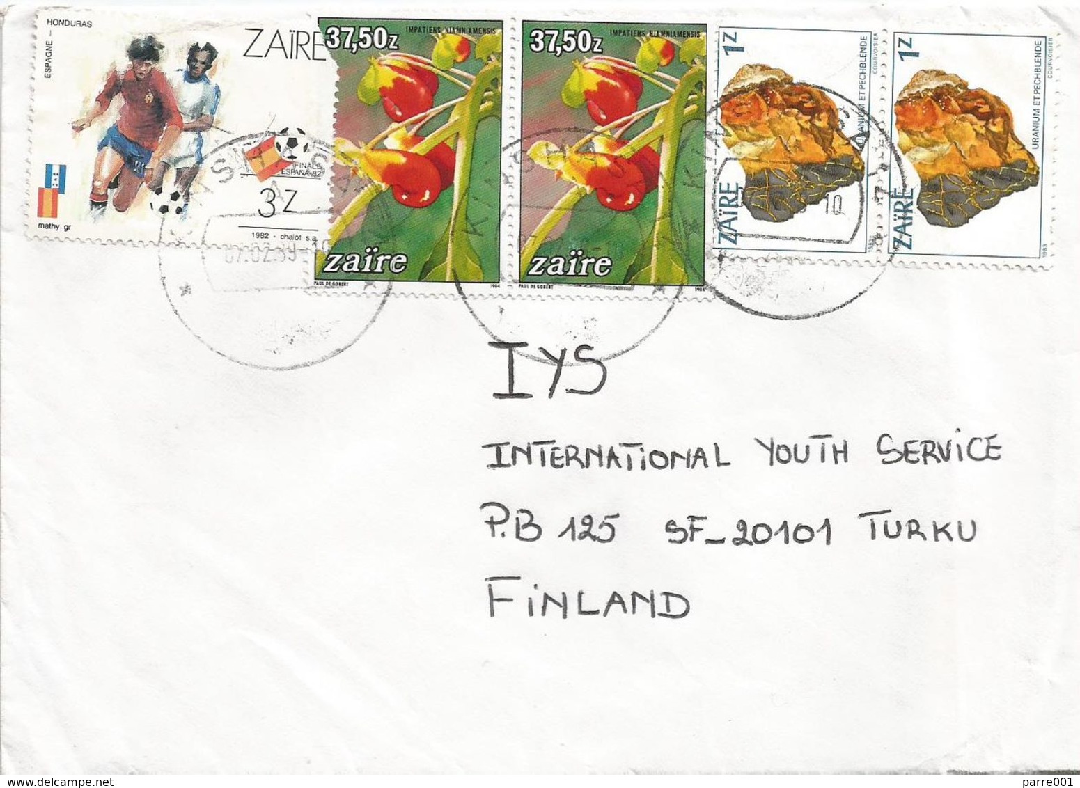 Zaire DRC Congo 1989 Kinshasa World Cup Football Spain 3Z Flower 37.50Z Uranium Mineral 1Z Cover - Used Stamps