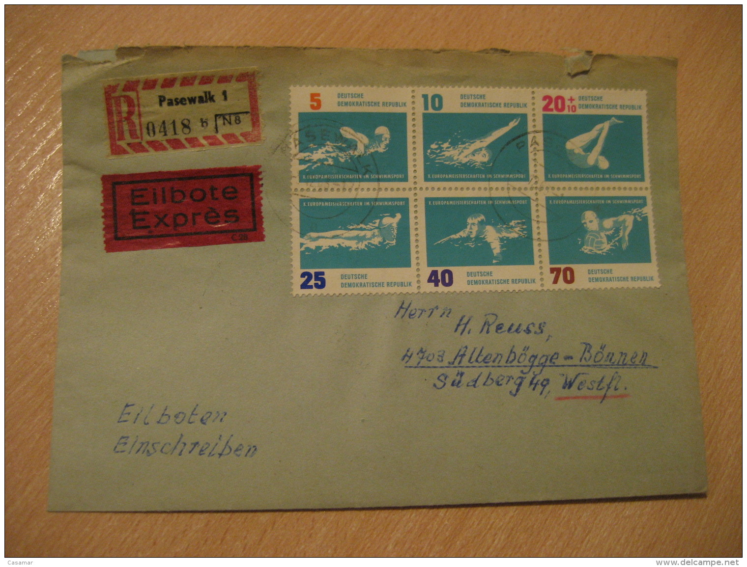 PASEWALK 1963 Europa Championship WATER POLO Water-Polo Waterpolo Stamp Bloc On Registered Expres Cover DDR Germany - Wasserball