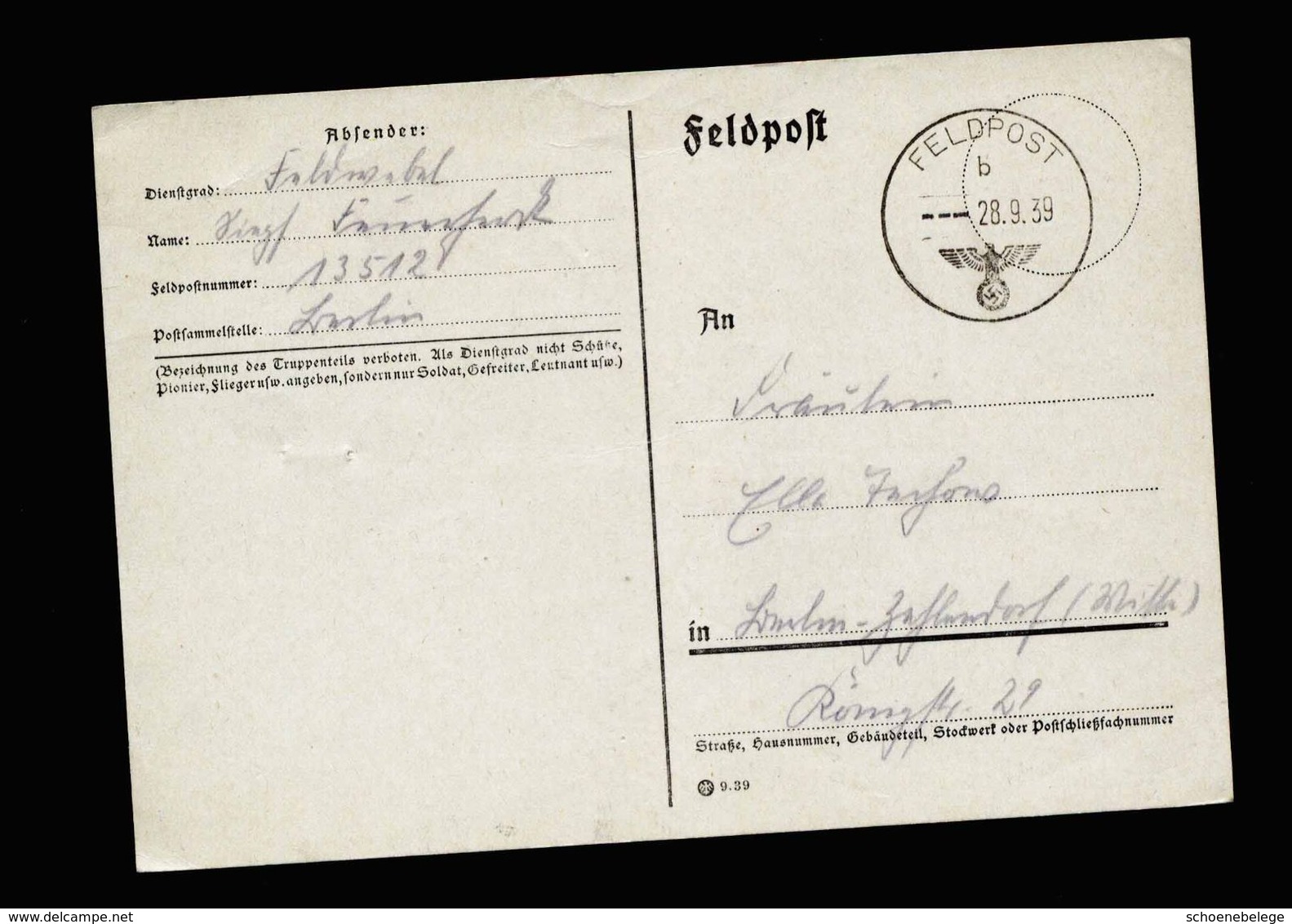 A5127) DR Feldpost Karte 28.9.39 FP Nr.13512 - Briefe U. Dokumente