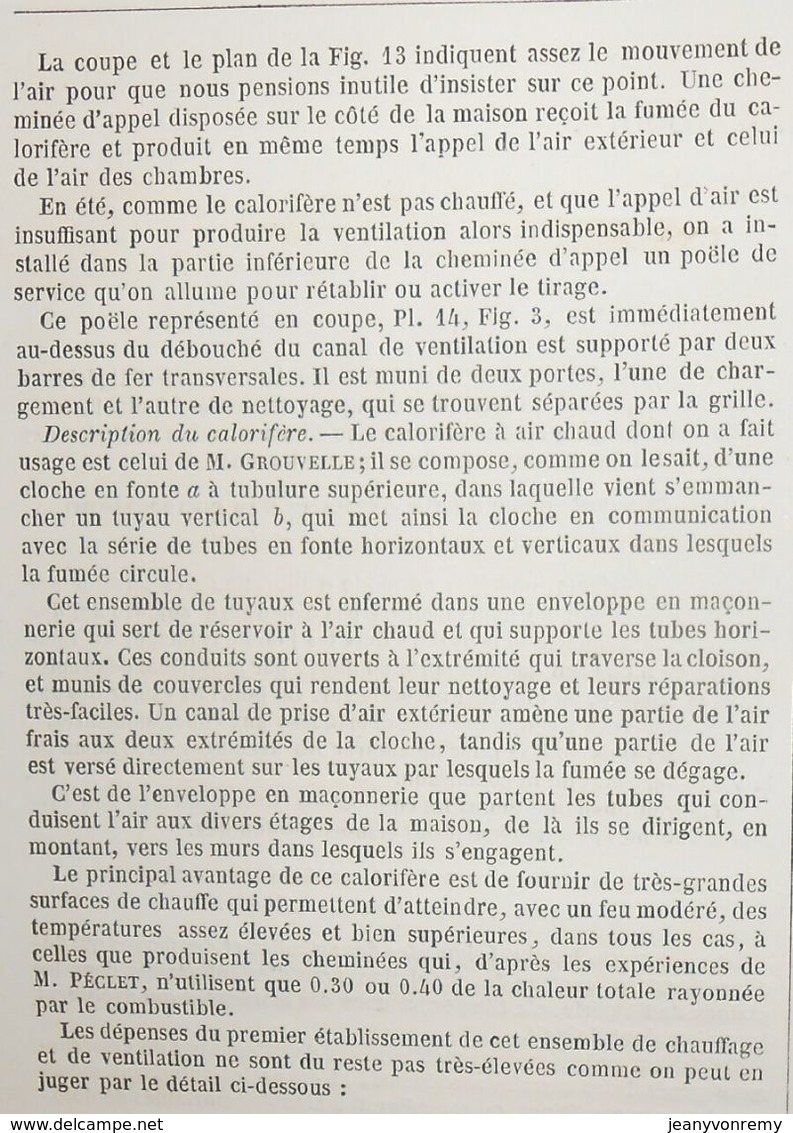 Plan De Chauffage Général à Air Chaud Avec Ventilation. Système Grouvelle.1860 - Travaux Publics