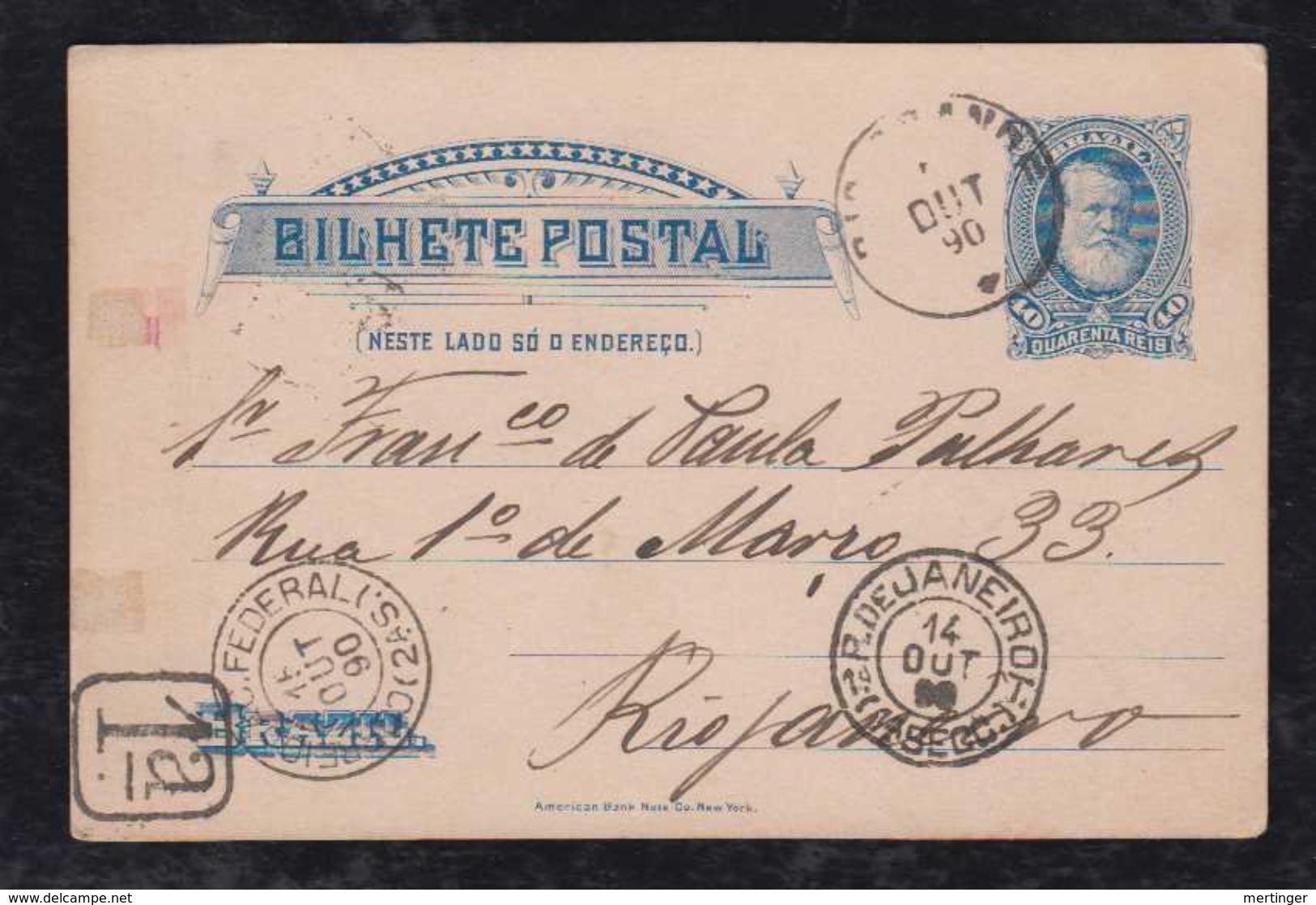 Brazil Brasil 1890 BP 14 40R Dom Pedro Stationery Card RIO GRANDE To RIO DE JANEIRO - Postal Stationery