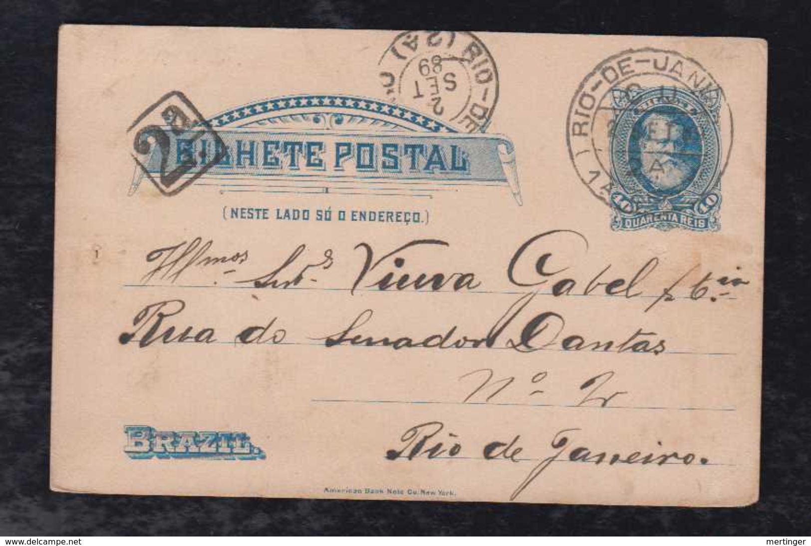 Brazil Brasil 1889 BP 14 40R Dom Pedro Stationery Card Local Use RIO At Imperio - Ganzsachen