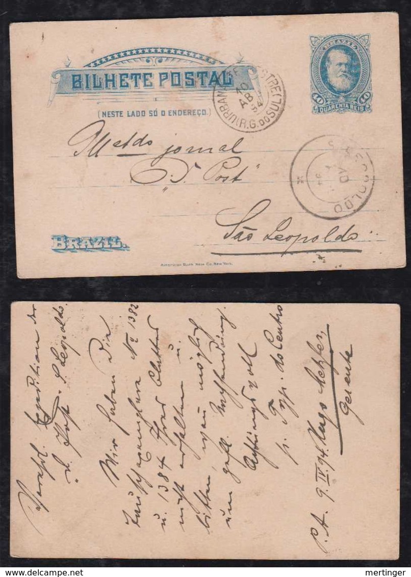 Brazil Brasil 1894 BP 14 40R DP Stationery Card PORTA ALEGRE To SAO LEOPOLDO URBANA TERRESTRE Postmark - Postwaardestukken