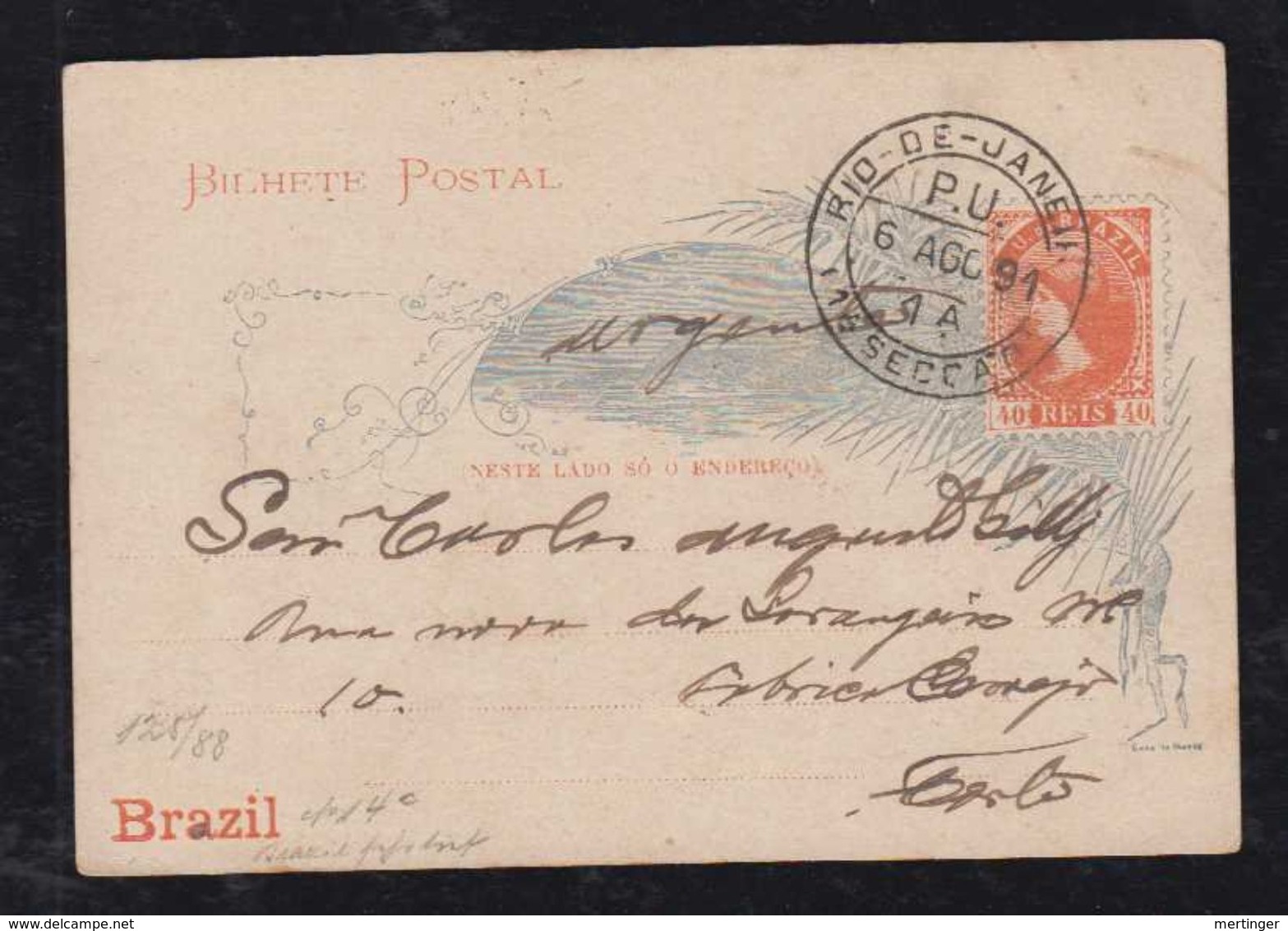 Brazil Brasil 1891 BP 21 40R Stationery Card Local Use RIO Format 125/88mm - Entiers Postaux