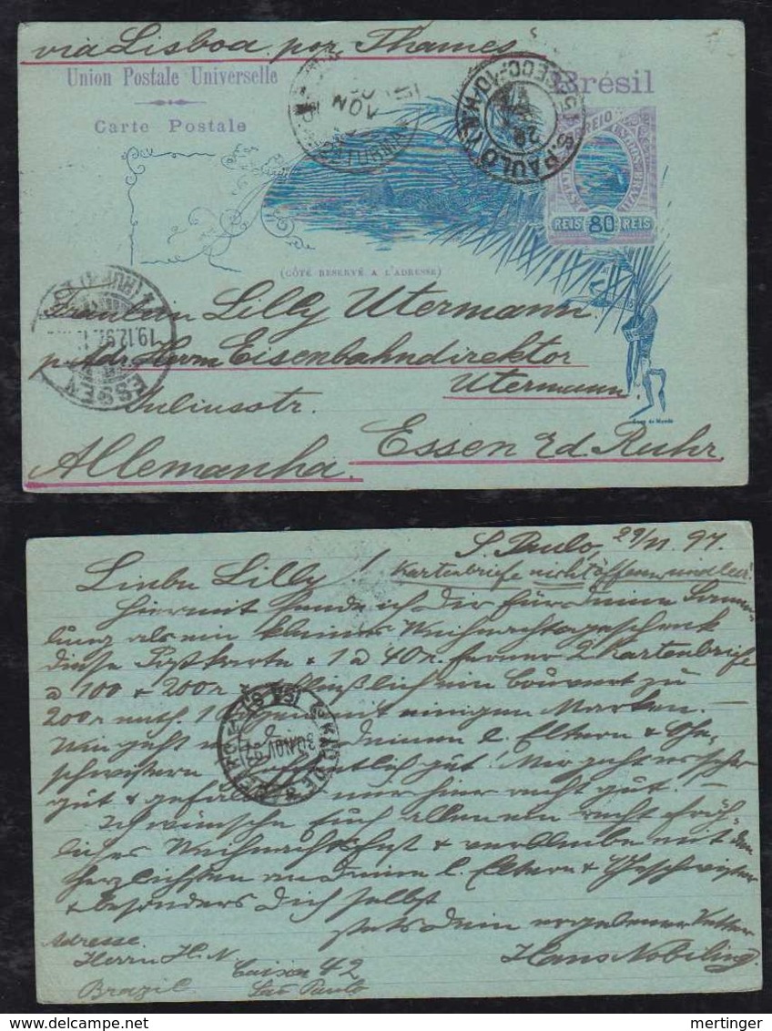 Brazil Brasil 1897 BP 48e 80R Stationery Card SAO PAULO To ESSEN Germany 2a TURMA Postmark - Postal Stationery