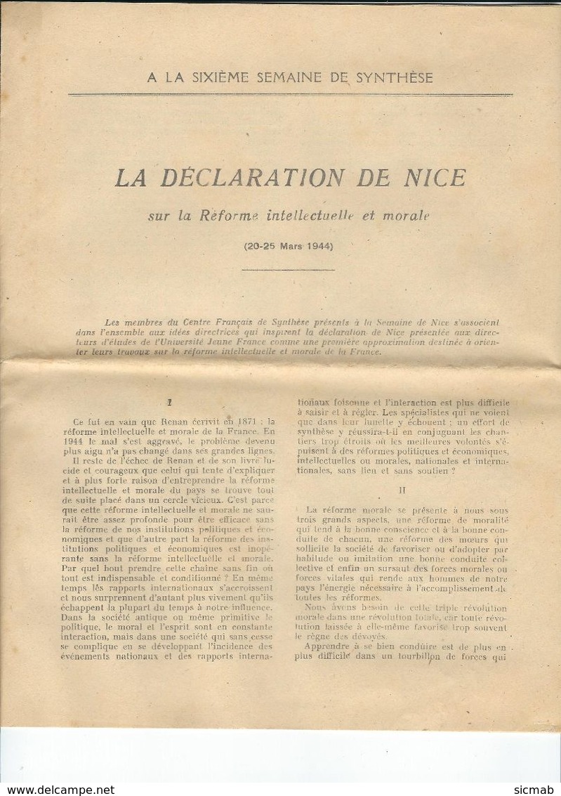 Imprimés De Soutien  à Pétain  2/8: Jean RIVAIN : LA DECLARATION DE NICE Sur La Réforme Intellectuelle Et Morale, 1944 - Ohne Zuordnung