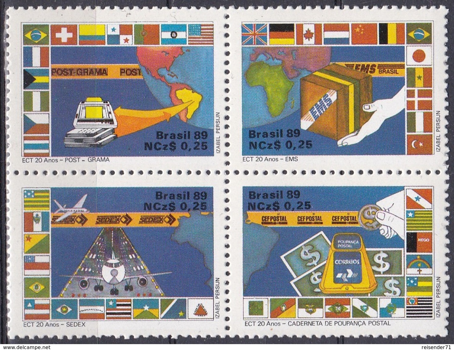 Brasilien Brasil 1989 Postwesen Postdienste EMS Luftpost Flugzeuge Aeroplane Fahnen Flaggen Flags, Mi. 2289-2 ** - Ungebraucht