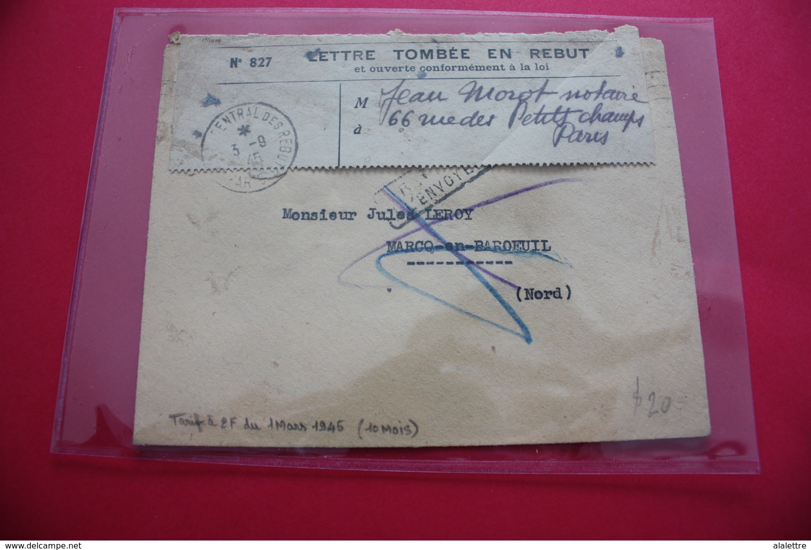 1945 Tarif 2FF Gandon Seul Sur Lettre (durée 10 Mois)  Tombée En Rebut Étiquette Paris - Crash Post