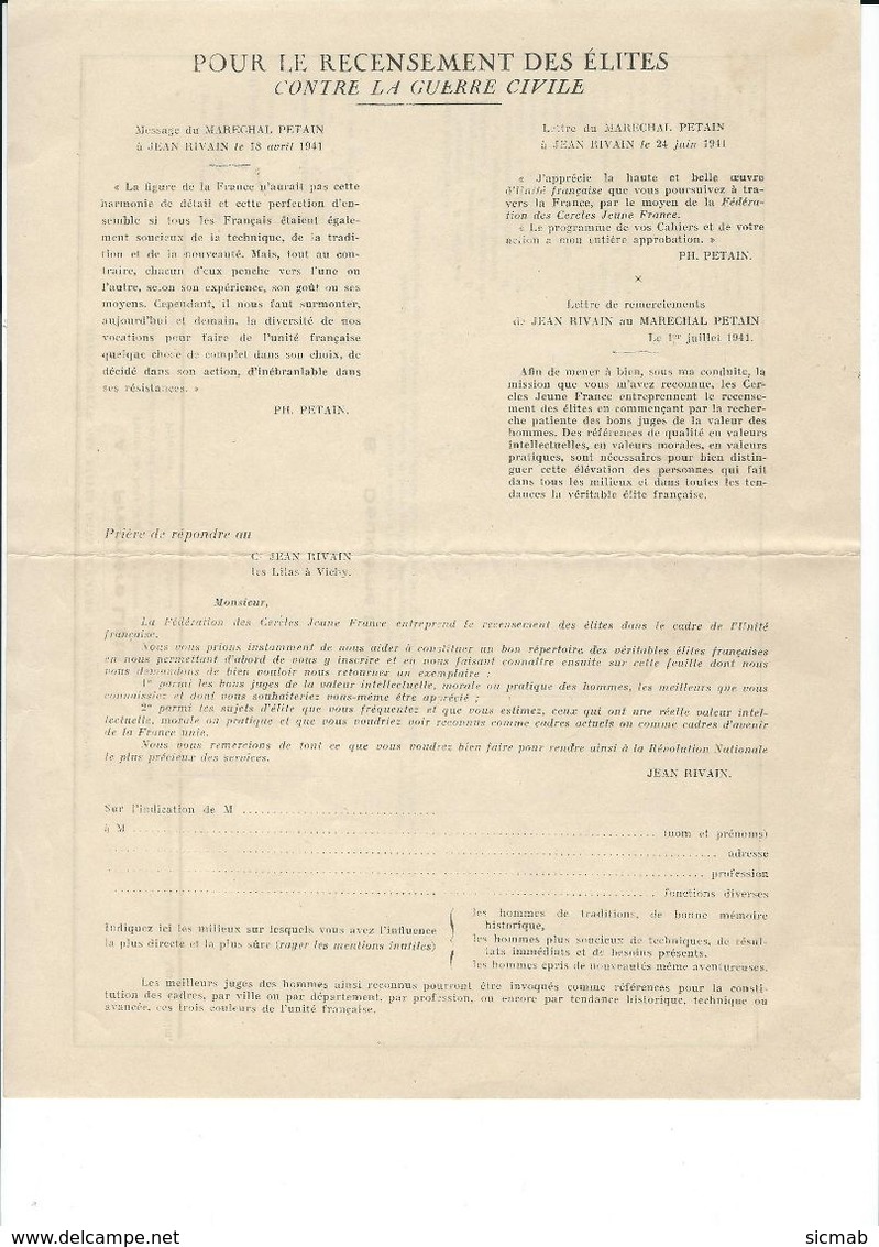 Imprimés De Soutien  à Pétain  4/8:  Tract  "pour Le Recensement Des élites Contre La Guerre Civile " - Non Classés