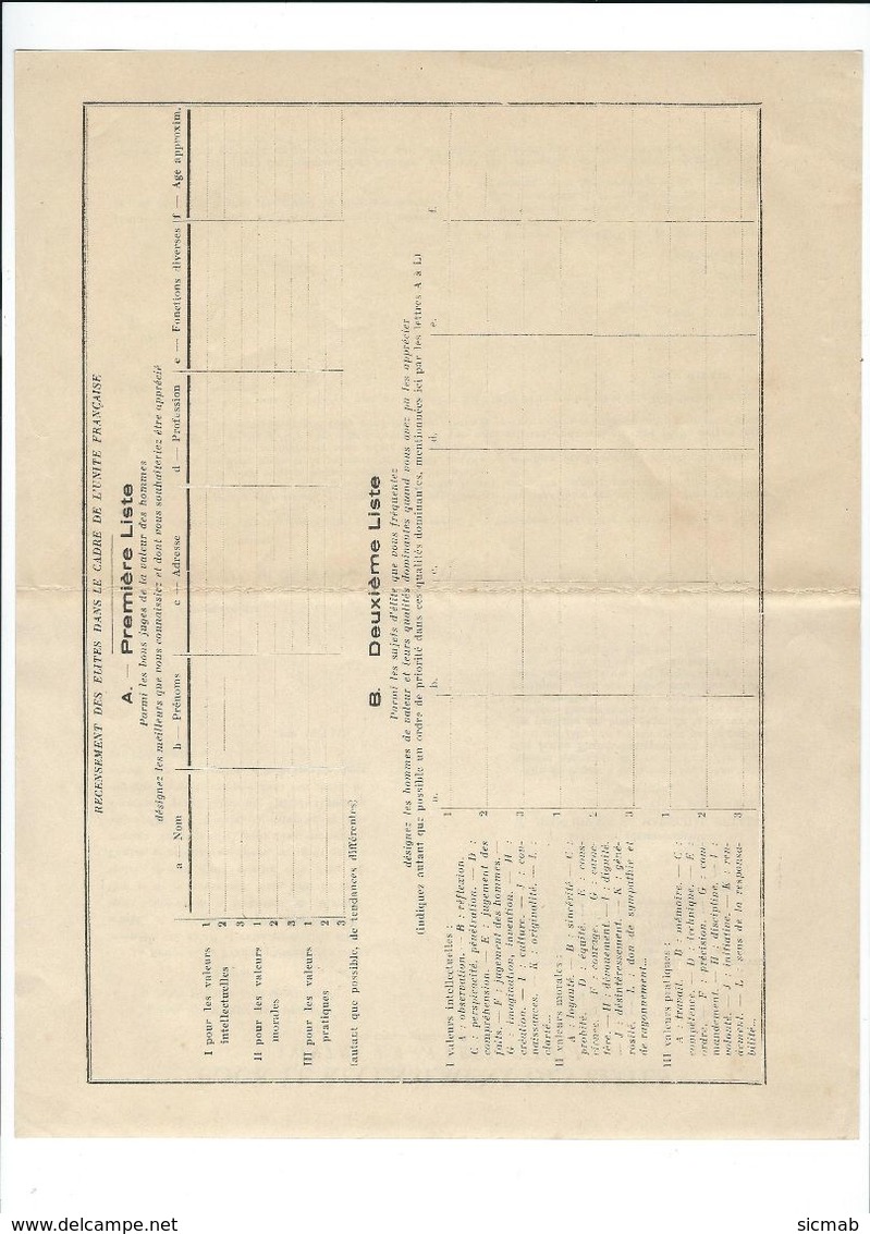 Imprimés De Soutien  à Pétain  4/8:  Tract  "pour Le Recensement Des élites Contre La Guerre Civile " - Non Classés