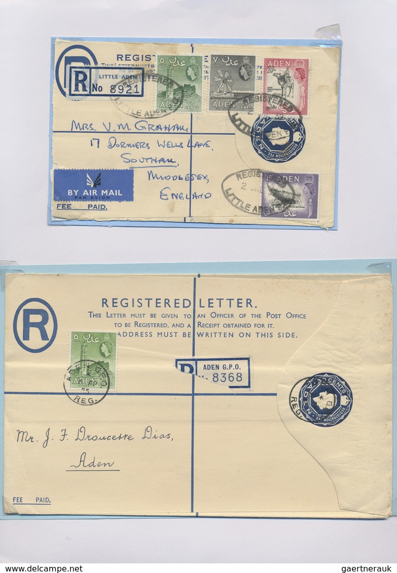 GA Aden: 1937-60 POSTAL STATIONERY: Collection of 45 postal stationery cards, envelopes, registered env