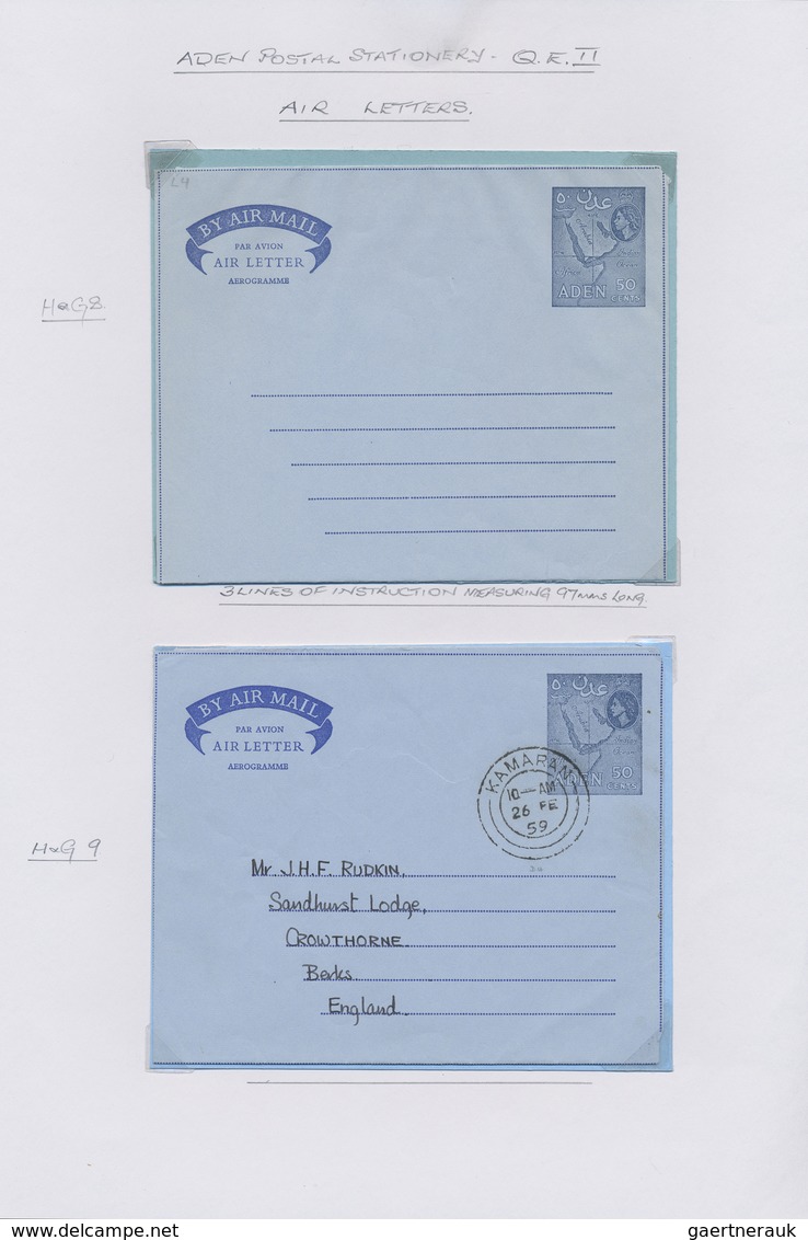 GA Aden: 1937-60 POSTAL STATIONERY: Collection of 45 postal stationery cards, envelopes, registered env