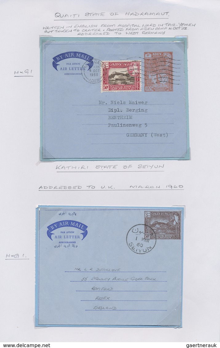 GA Aden: 1937-60 POSTAL STATIONERY: Collection of 45 postal stationery cards, envelopes, registered env