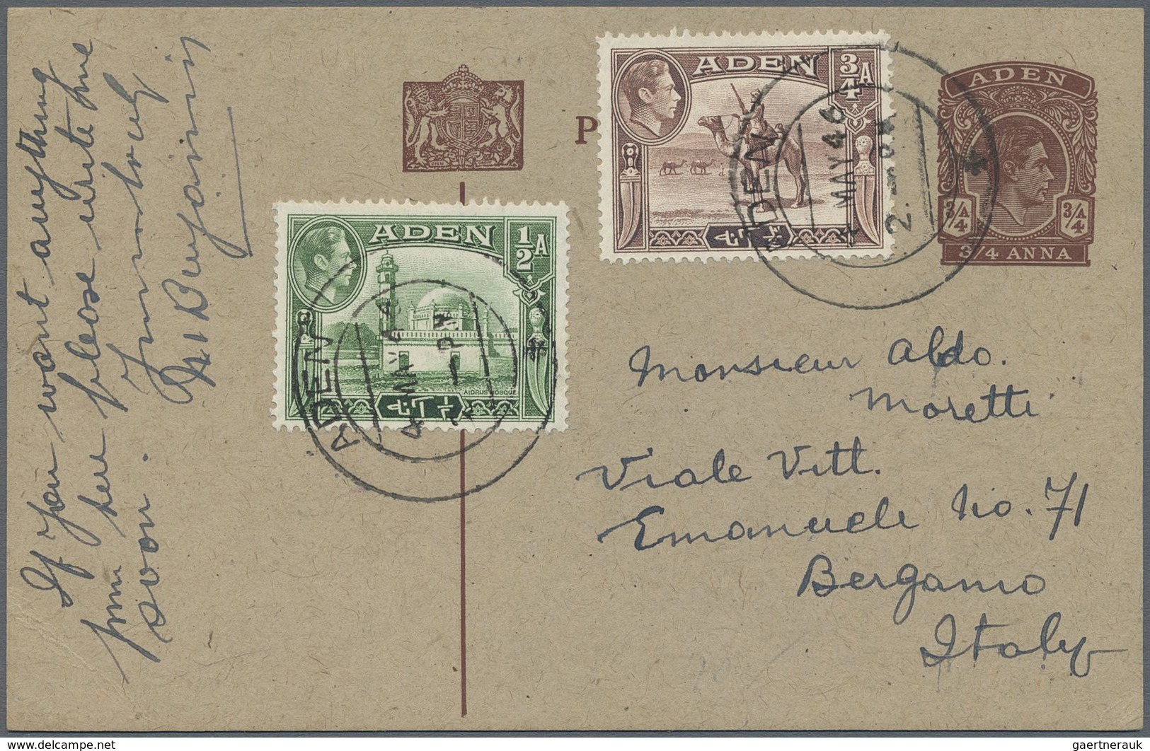 GA Aden: 1940's-50's: Three Postal Stationery Items Used To Italy, With Postcard ¾a. Brown 1946 To Berg - Yemen