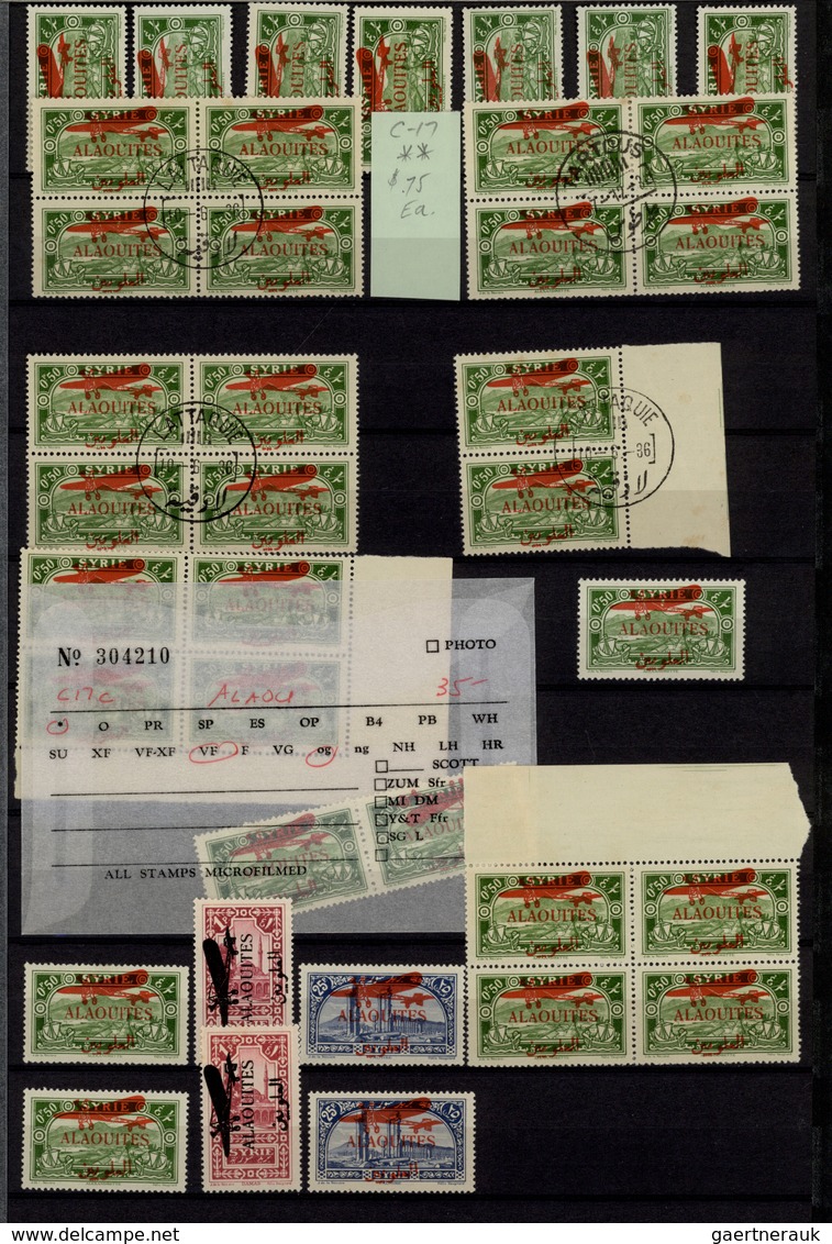 **/*/O Alawiten-Gebiet: 1935-31, Stock in large album with sheets, blocks of four and many varieties, inver