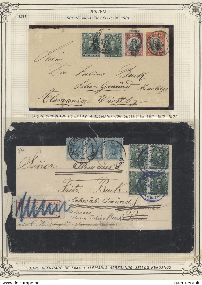 Br/GA Bolivien: 1870/1930 (ca.), Collection Of Apprx. 93 Covers/cards/documents, Arranged On Album Pages, - Bolivie