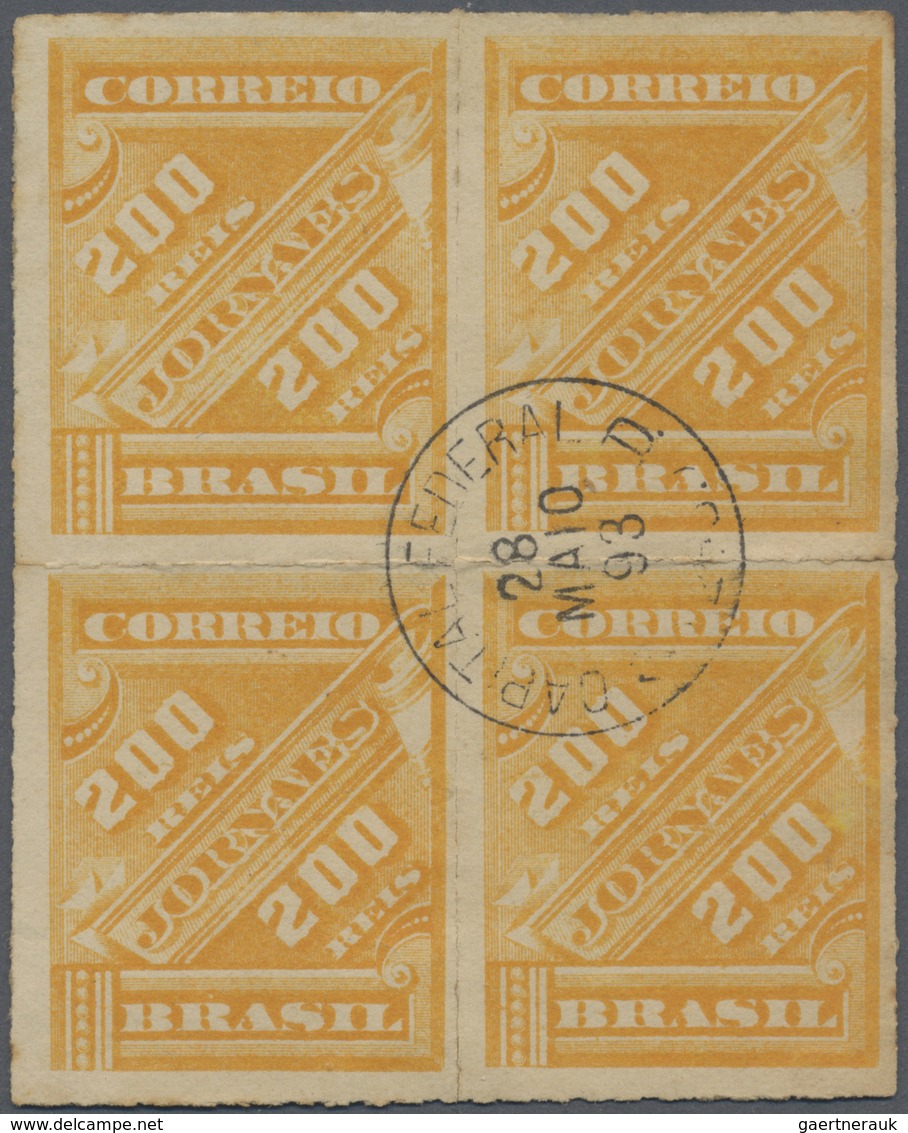 O/Brfst Brasilien: 1889/1893, Newspaper Stamp 200r. Yellow, Group Of 15 Stamps (incl. Three Blocks Of Four), - Autres & Non Classés