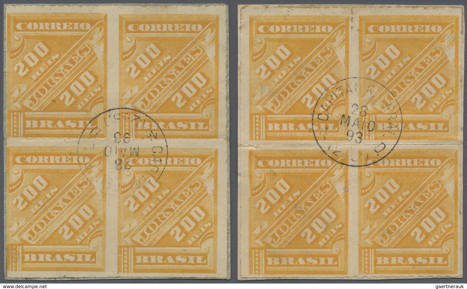 O/Brfst Brasilien: 1889/1893, Newspaper Stamp 200r. Yellow, Group Of 15 Stamps (incl. Three Blocks Of Four), - Altri & Non Classificati