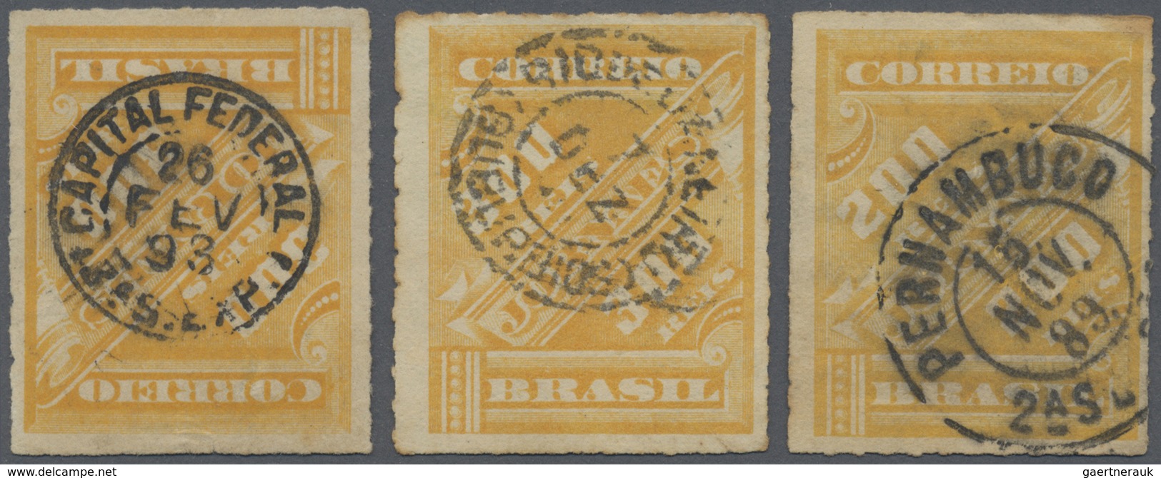 O/Brfst Brasilien: 1889/1893, Newspaper Stamp 200r. Yellow, Group Of 15 Stamps (incl. Three Blocks Of Four), - Autres & Non Classés