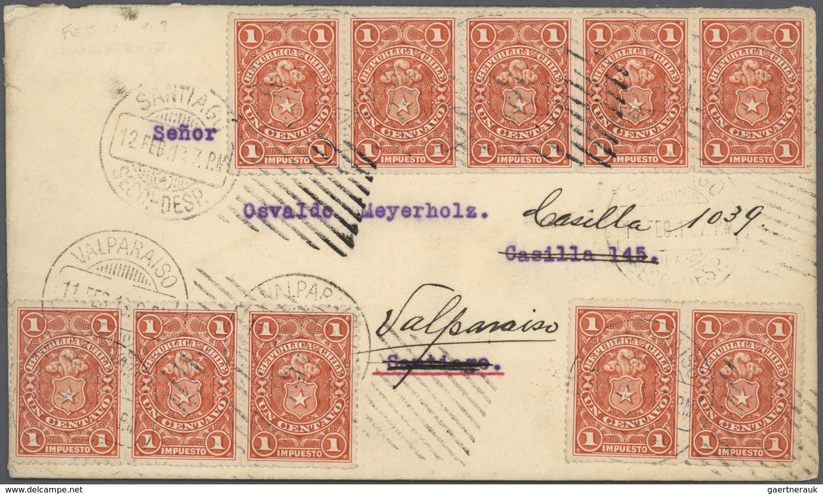 Br/GA Chile: 1891/1913, FISCALS POSTALLY USED, collection of 34 covers/stationeries bearing fiscals stamps