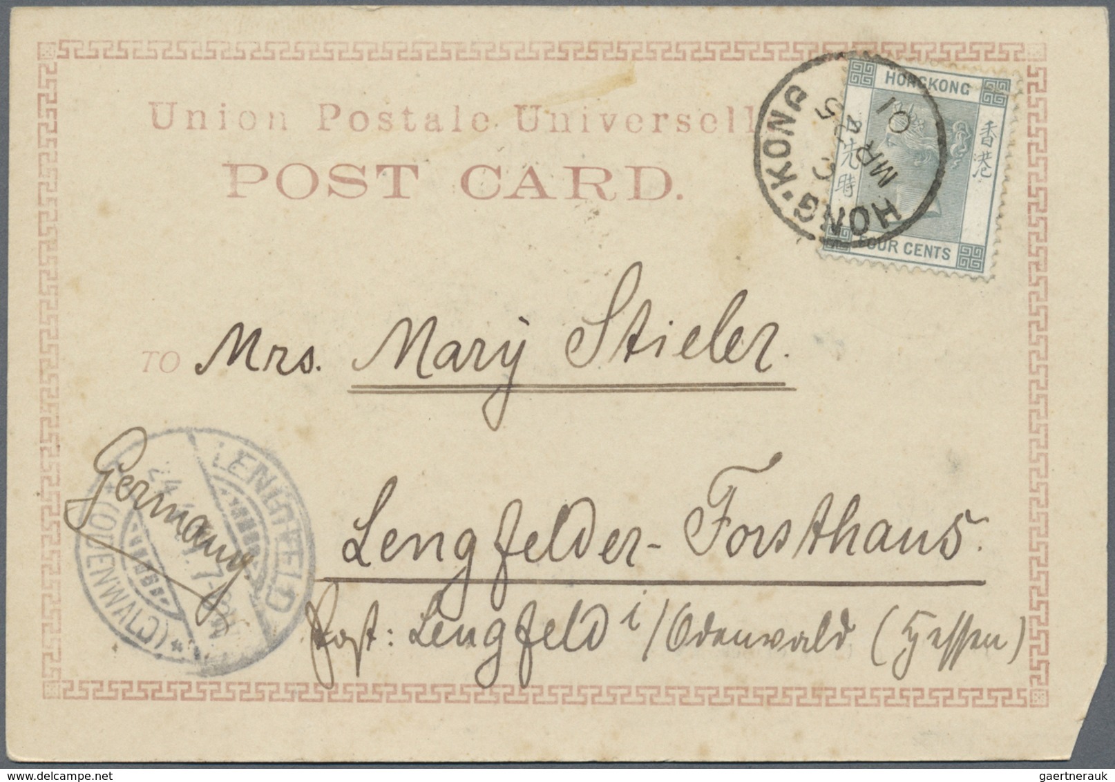 /Br/O China: 1898/1923 (ca.), Used Ppc (7) And HK Name Card Size Envelope Marked "T" Used To Germany, Shan - Autres & Non Classés