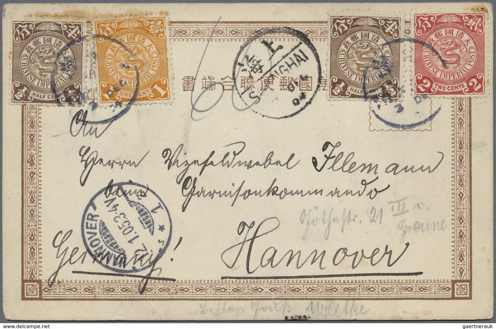 /Br/O China: 1898/1923 (ca.), Used Ppc (7) And HK Name Card Size Envelope Marked "T" Used To Germany, Shan - Autres & Non Classés