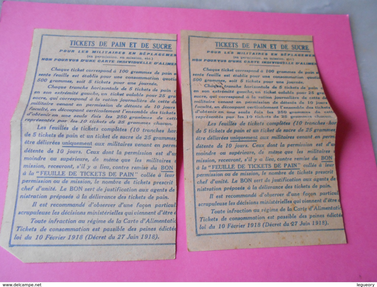 2 Cartes De Rationnement  Pain  14 -18 - Other & Unclassified