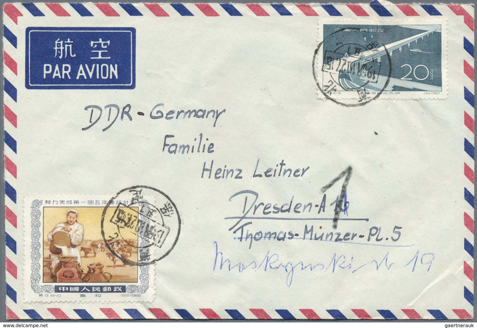 Br China - Volksrepublik: 1950/59, Lot Airmail Covers (12) All Used To East Germany Inc. Interesting Oc - Autres & Non Classés