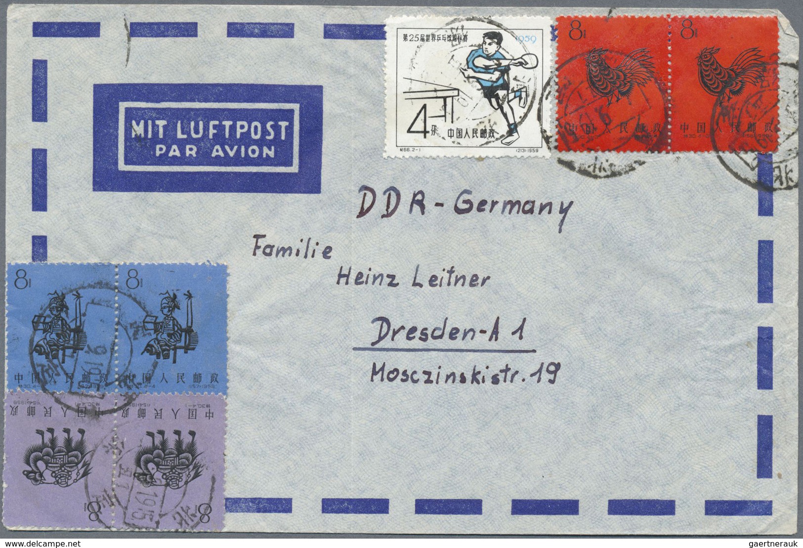 Br China - Volksrepublik: 1950/59, lot airmail covers (12) all used to East Germany inc. interesting Oc