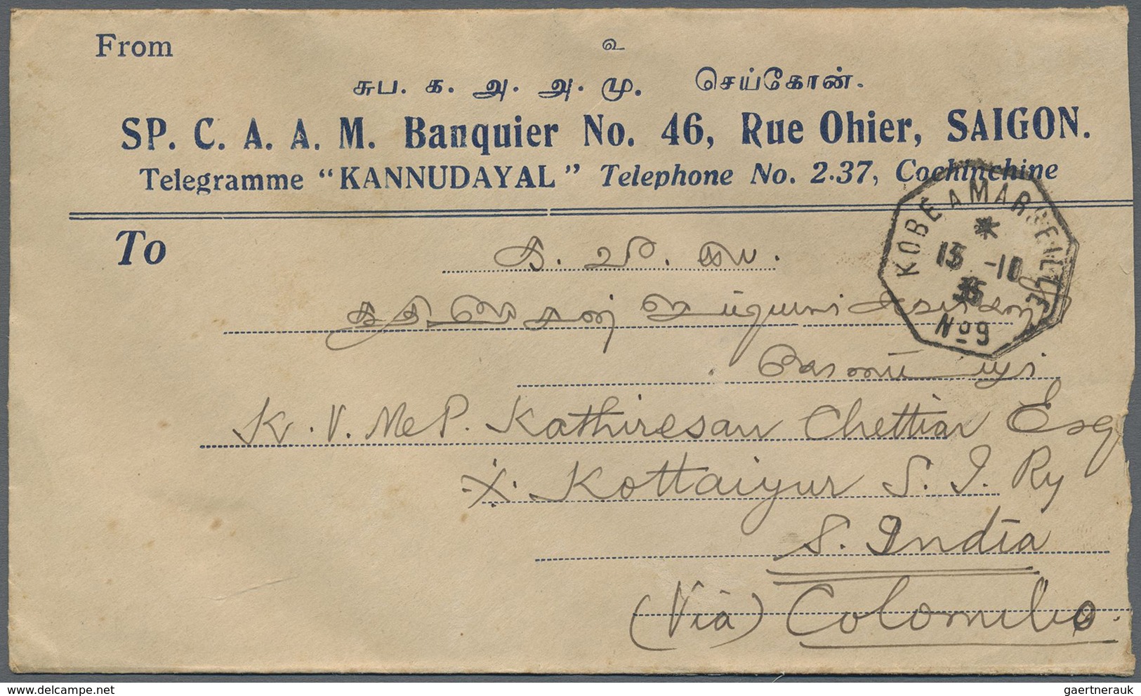 Br/ Französisch-Indochina: 1903/37, Covers (ca. 90), A. O. Red Haiphong Of 1901, Ship Post Marking "KOBE - Covers & Documents