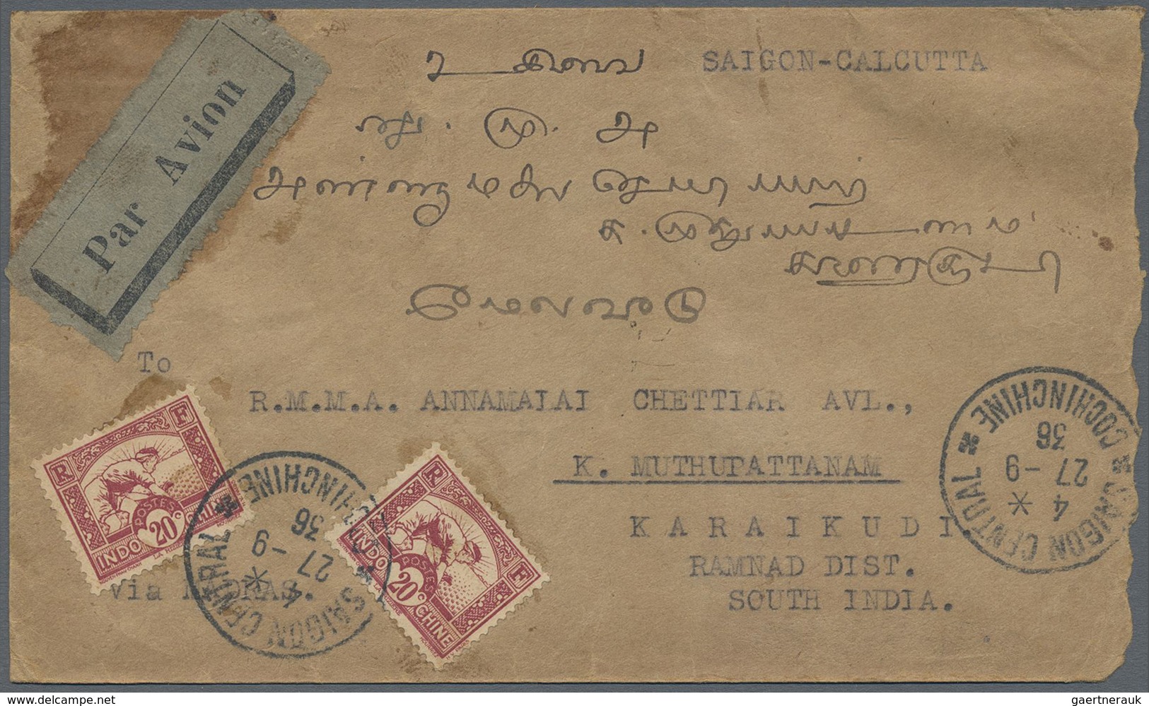 Br/ Französisch-Indochina: 1903/37, covers (ca. 90), a. o. red Haiphong of 1901, ship post marking "KOBE