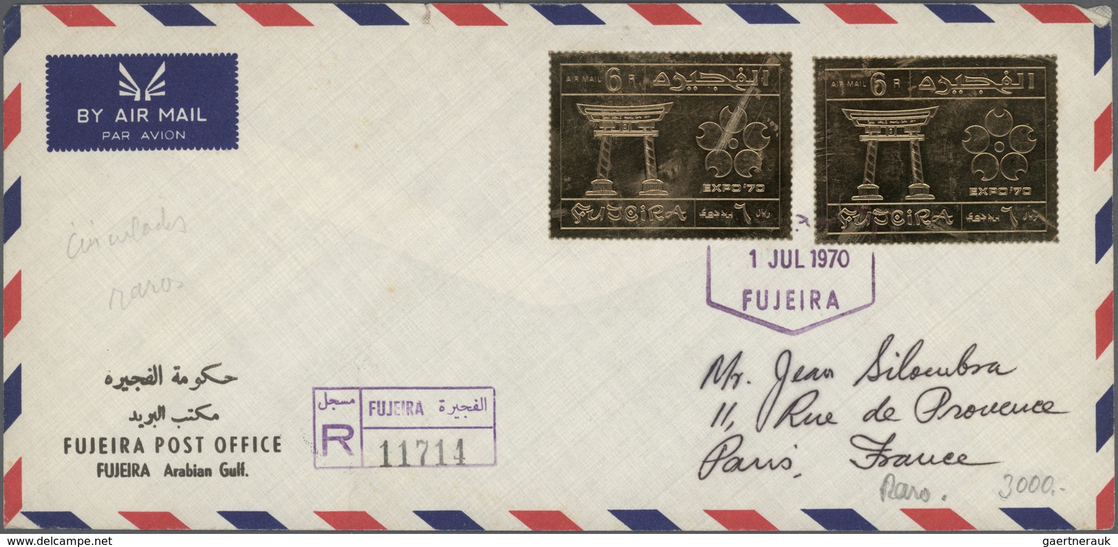 Br Fudschaira / Fujeira: 1970, Three Registered Air Mail Letters With Gold Stamps From The Fujeira Post - Fujeira