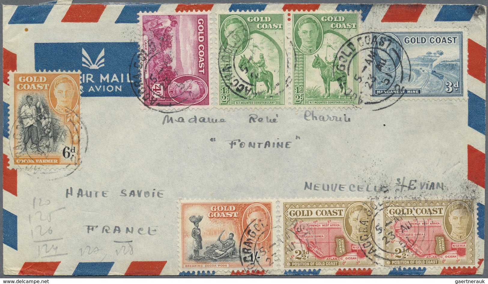 Br Goldküste: 1951-55 Eight Airmail Covers To France With Attractive KGVI. And QEII. Frankings, Sent Fr - Côte D'Or (...-1957)