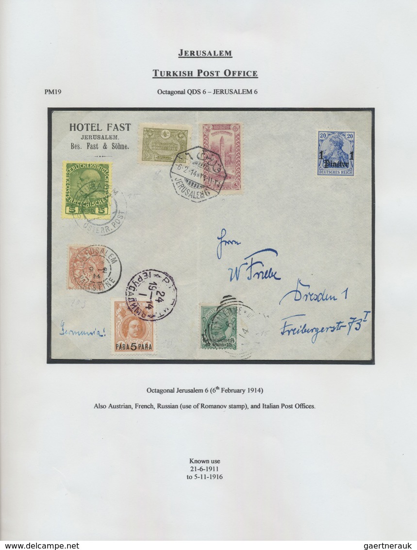 Br/GA Holyland: 1900-1914, "TURKISH POST OFFICES IN HOLY LAND" Collection on 86 exhibition leaves includin