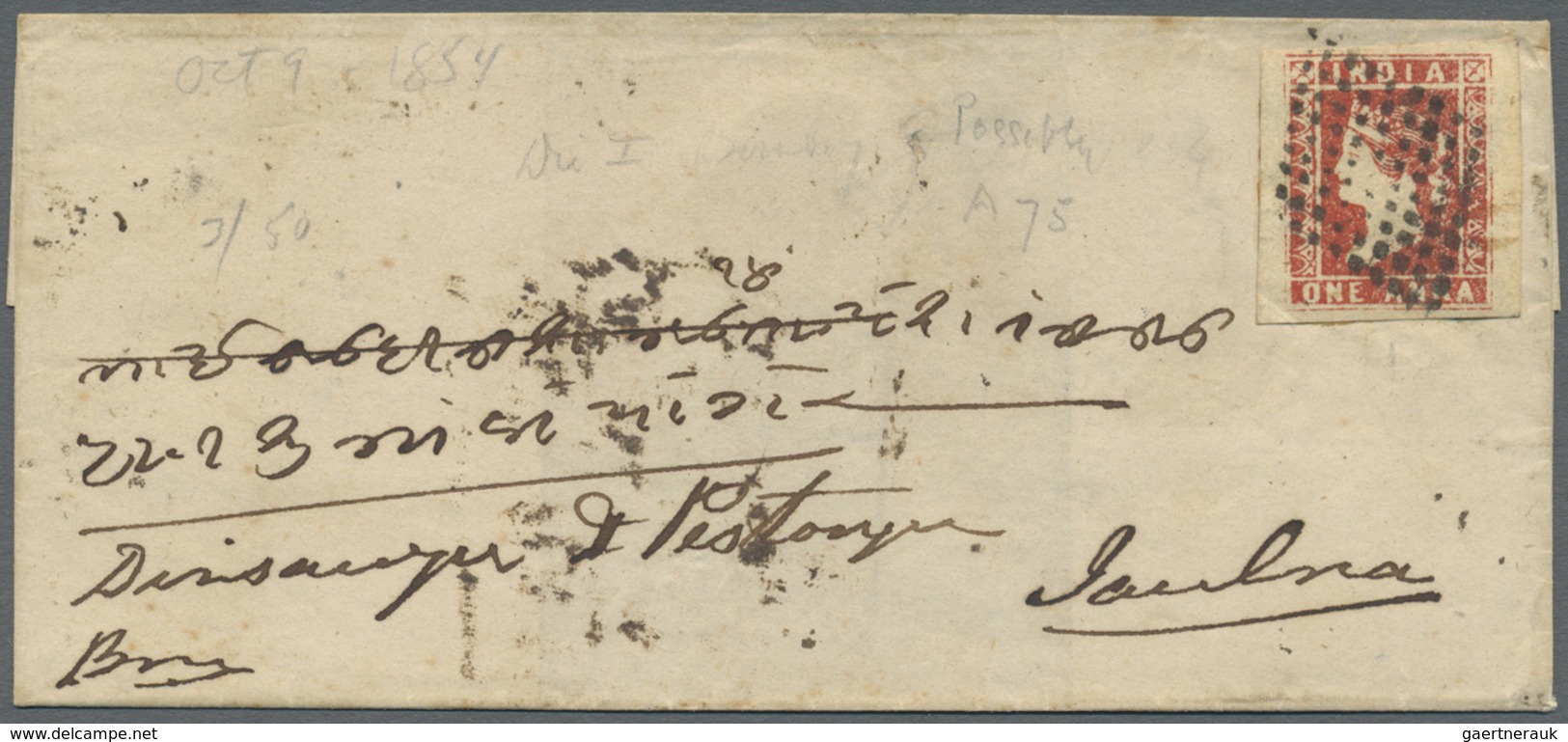 Br Indien: 1854-55: Nine covers franked with lithographed ½a. (six, different dies/shades) and 1a. (two