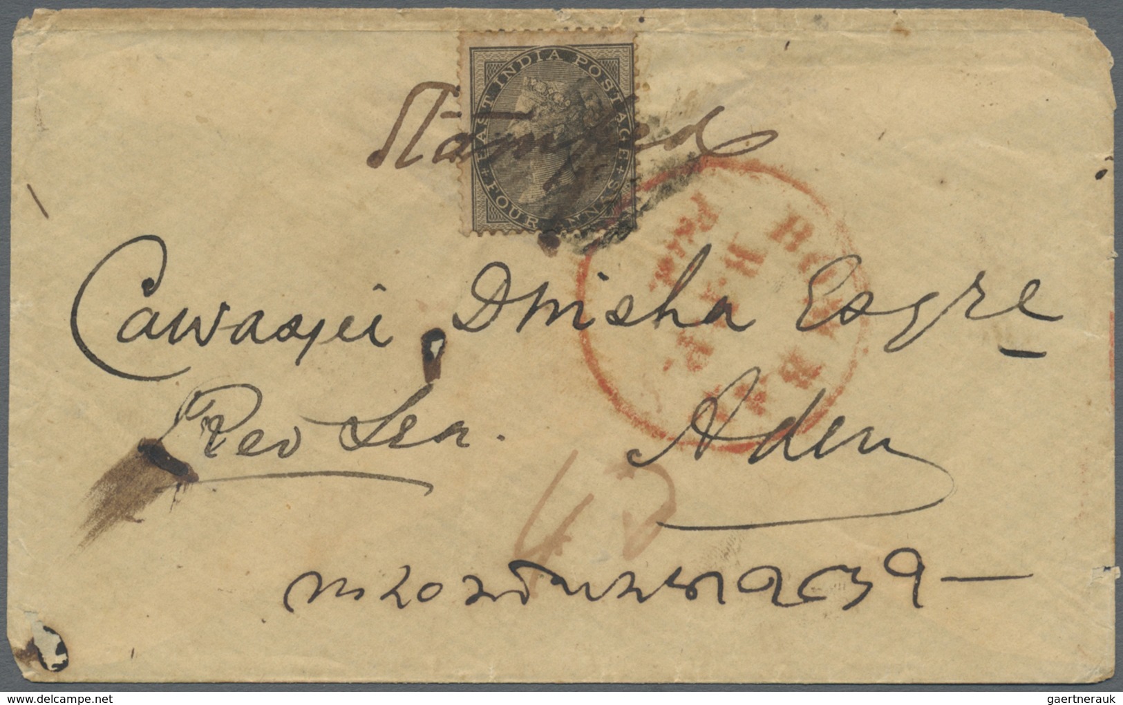 Br Indien: 1859-61: Three Franked Covers To Aden All With The Scarce Large Circled Handstamp "BOMBAY/B. - Autres & Non Classés