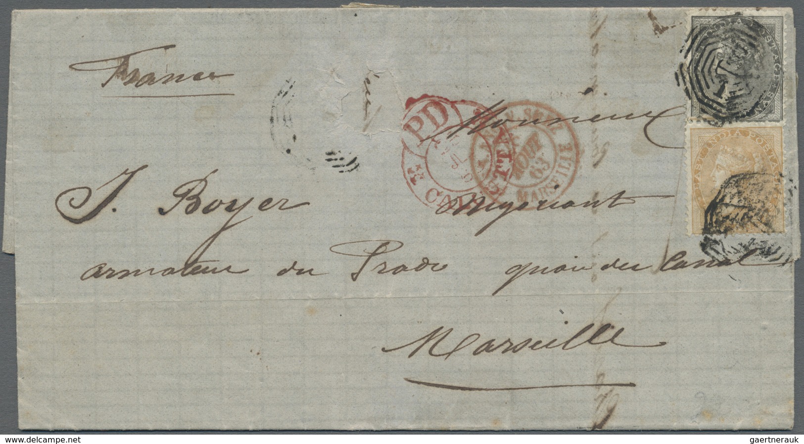 Br Indien: 1863-1885: Six Letters And Covers To FRANCE, With Various Frankings Up To 6a. From Various I - Autres & Non Classés