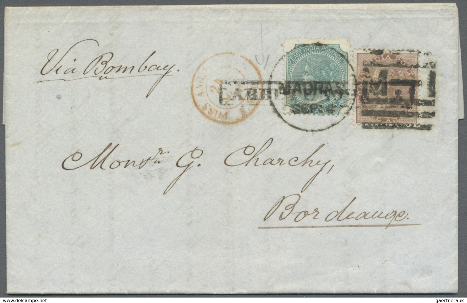 Br Indien: 1863-1885: Six Letters And Covers To FRANCE, With Various Frankings Up To 6a. From Various I - Autres & Non Classés