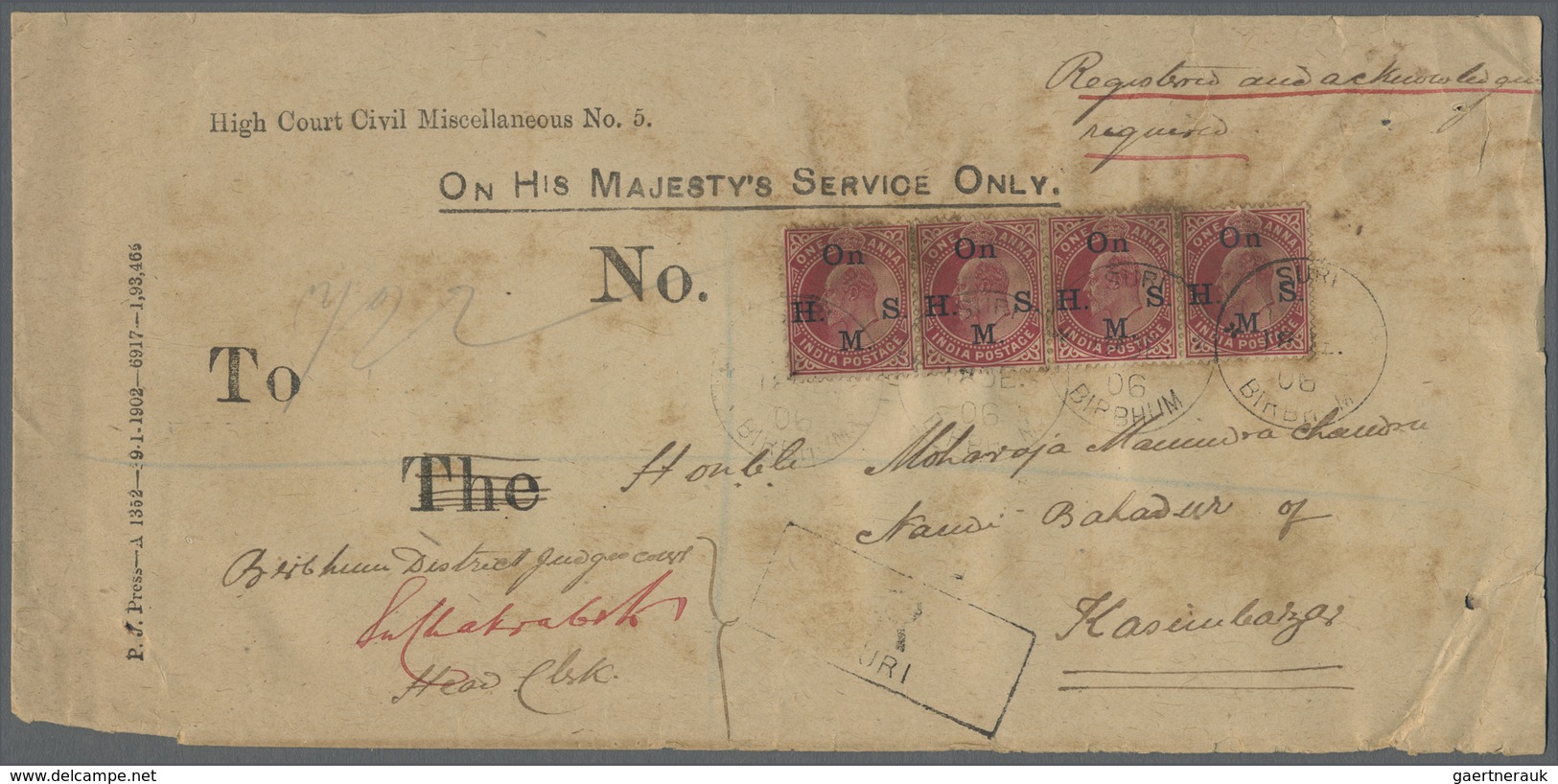 Br Indien: 1902-09: Five Covers (three Officials, Three Registered) To The Honorable Maharaja Manindra - Autres & Non Classés