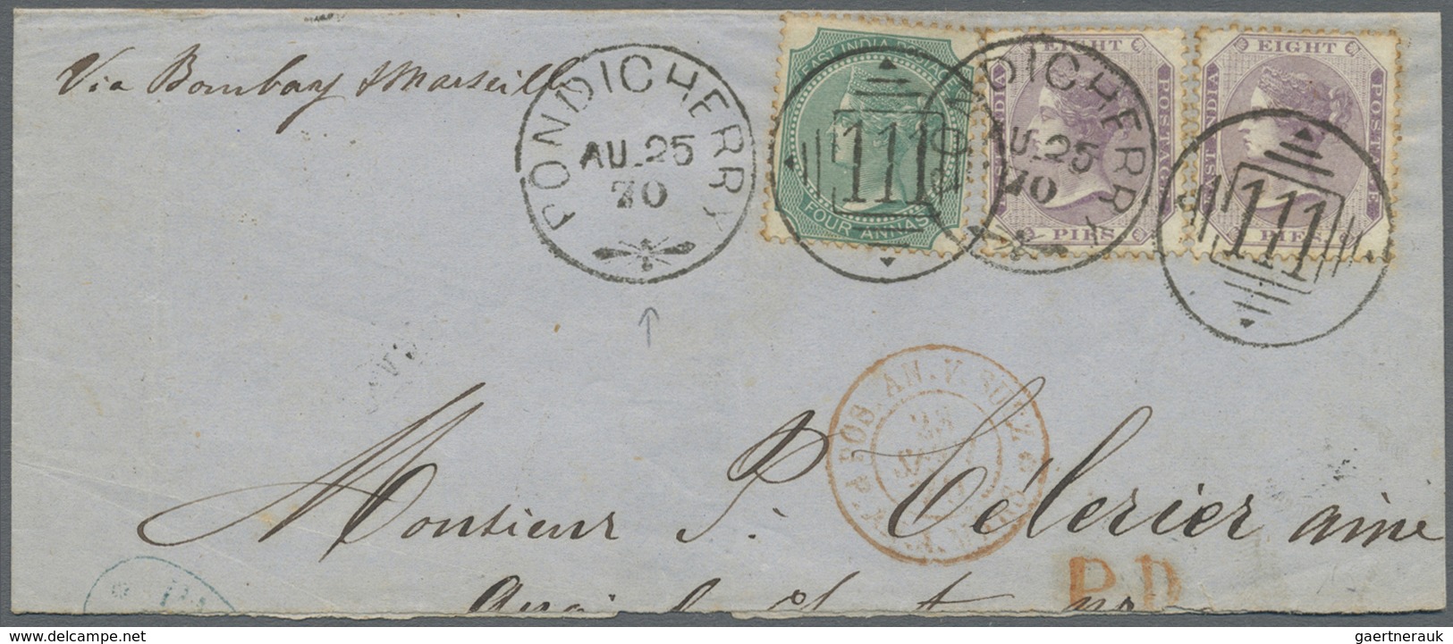 Br Indien - Used Abroad: FRENCH INDIA 1849-1871: Five Letters (one Part) From PONDICHERRY, With Three S - Autres & Non Classés