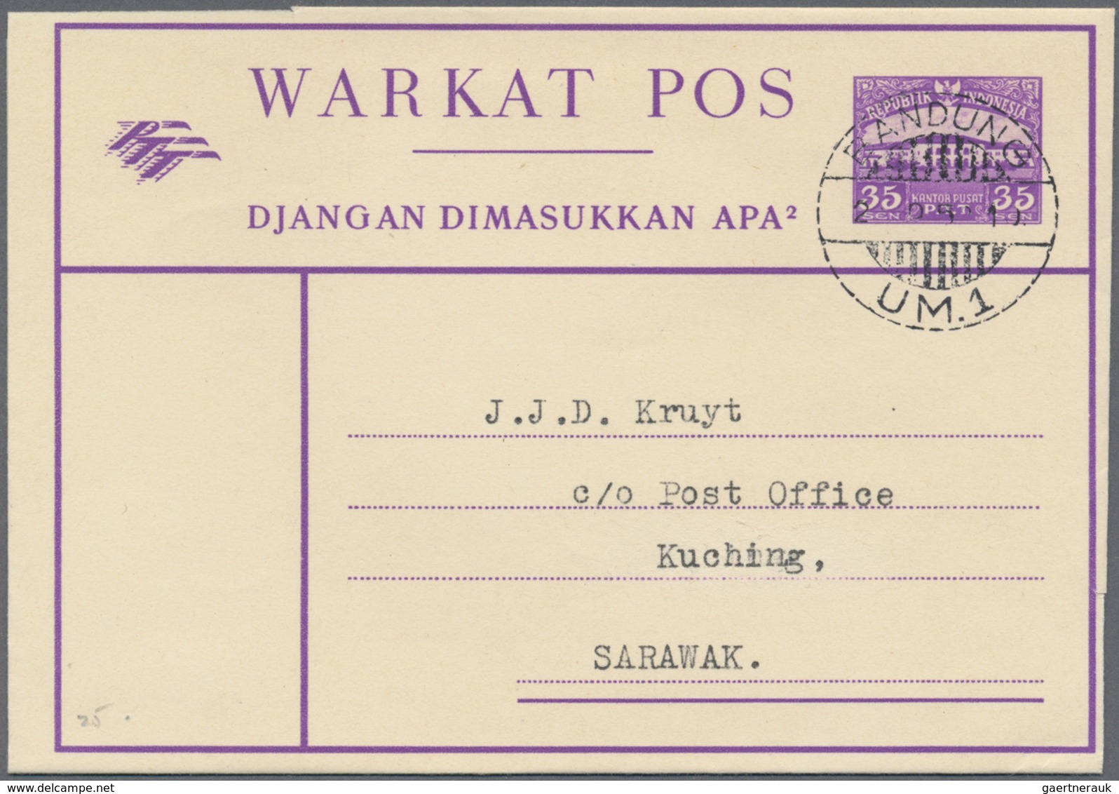 GA Indonesien: 1949/97 (ca.), stationery envelopes (warkat pos / postblad) specialized stock: 10 S. (mi