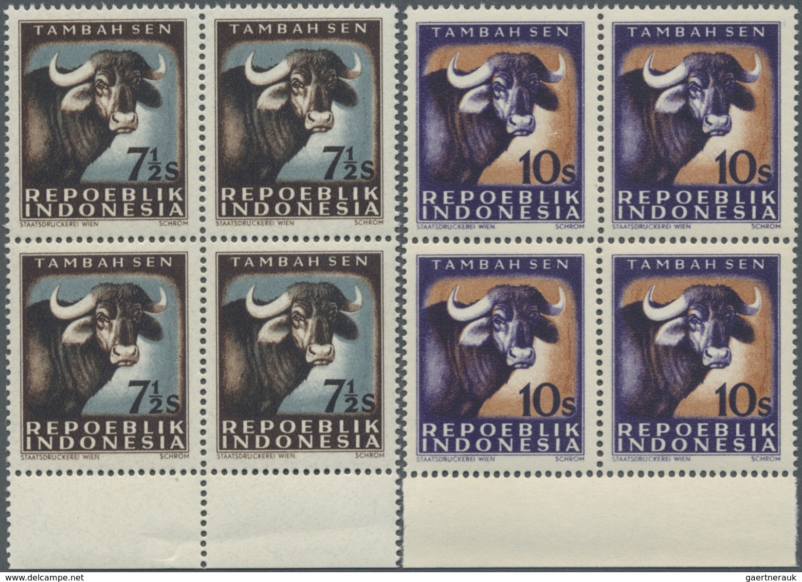 ** Indonesien - Lokalausgaben: 1947/1949. VIENNA PRINTINGS: Set Of 8 UNISSUED Values "Cattle" In Blocks - Indonésie