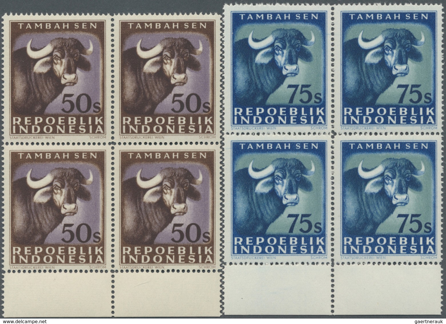** Indonesien - Lokalausgaben: 1947/1949. VIENNA PRINTINGS: Set Of 8 UNISSUED Values "Cattle" In Blocks - Indonésie