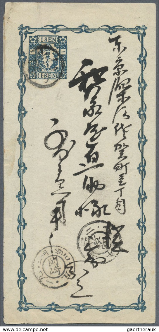 Br/GA/O Japan: 1872/99, Small Lot: Native Paper 1 S. Blue Horizontal Pair Tied Boxed "Takasaki Kensa" On Rev - Autres & Non Classés