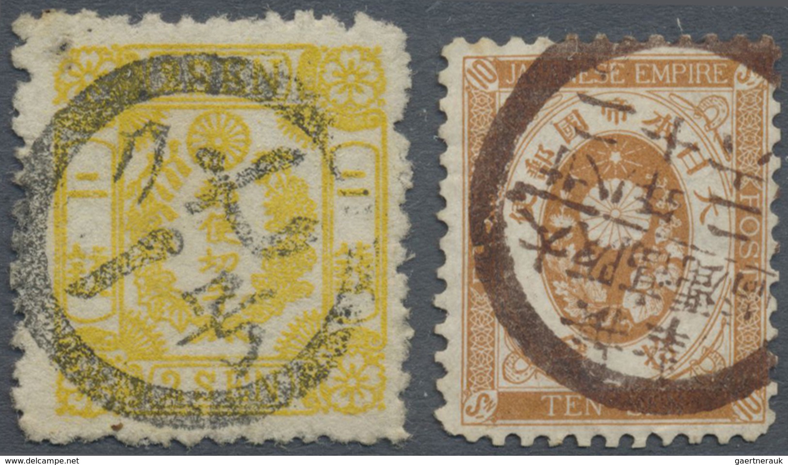 Br/GA/O Japan: 1872/99, Small Lot: Native Paper 1 S. Blue Horizontal Pair Tied Boxed "Takasaki Kensa" On Rev - Autres & Non Classés