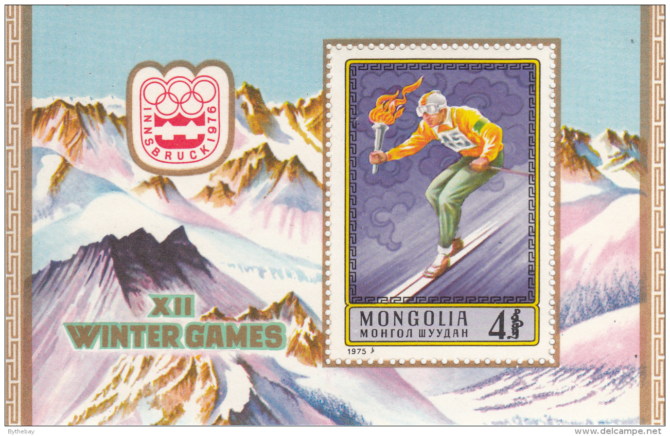 Mongolia 1975 MNH Scott #880 Souvenir Sheet 4t Skier Carrying Torch Winter Olympics Innsbruck - Mongolië