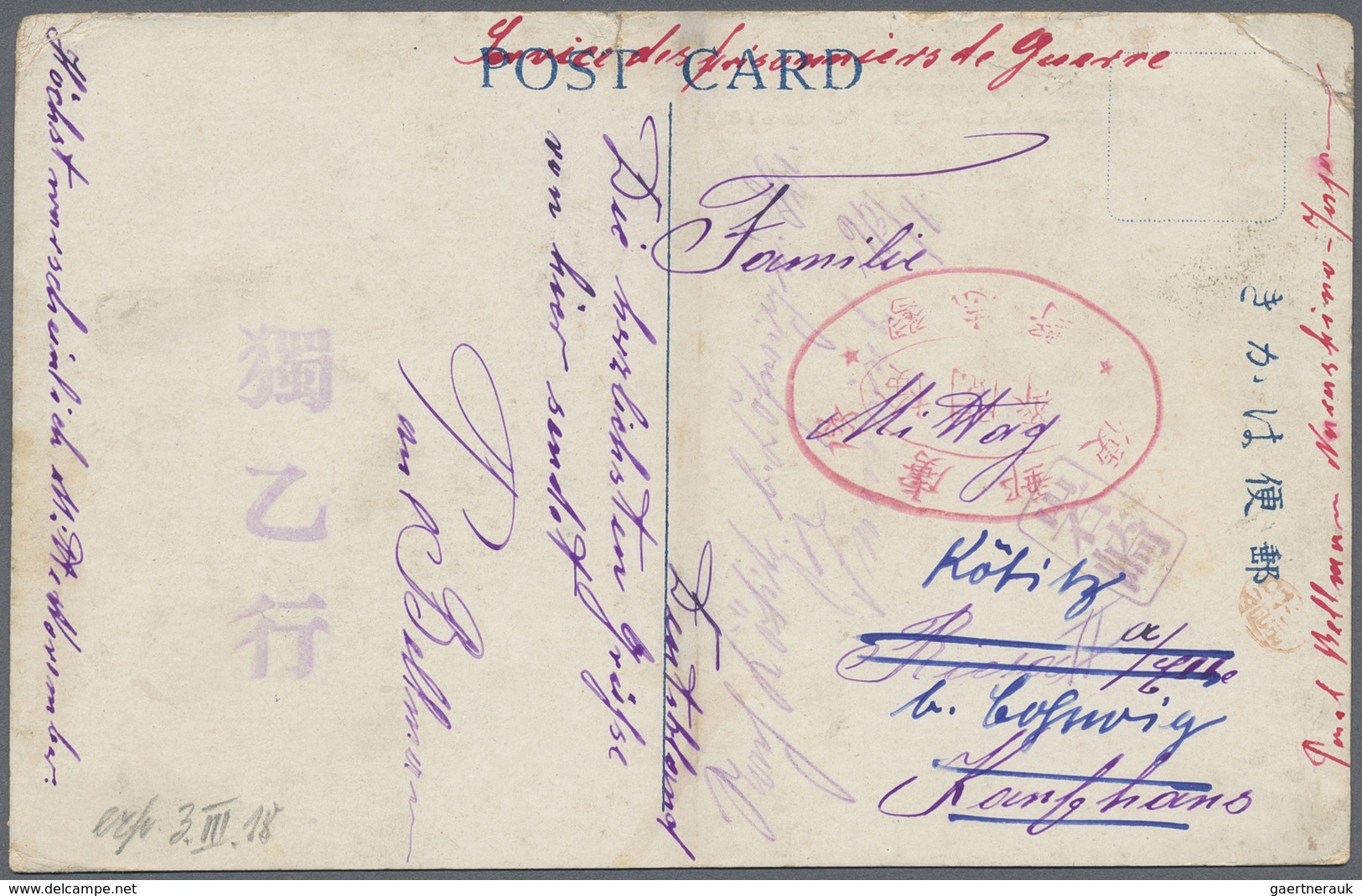 Br/ Lagerpost Tsingtau: Narashino, 1915/19, nine items: money letter envelope insured for 100 Y. send by