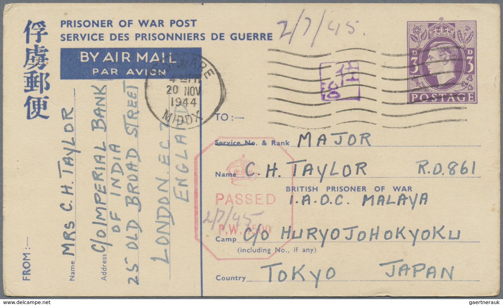 GA Japan - Besonderheiten: 1944, Three UK POW Air Mail Stationery Cards Used 1944 To POW In Malaya, C/o - Autres & Non Classés