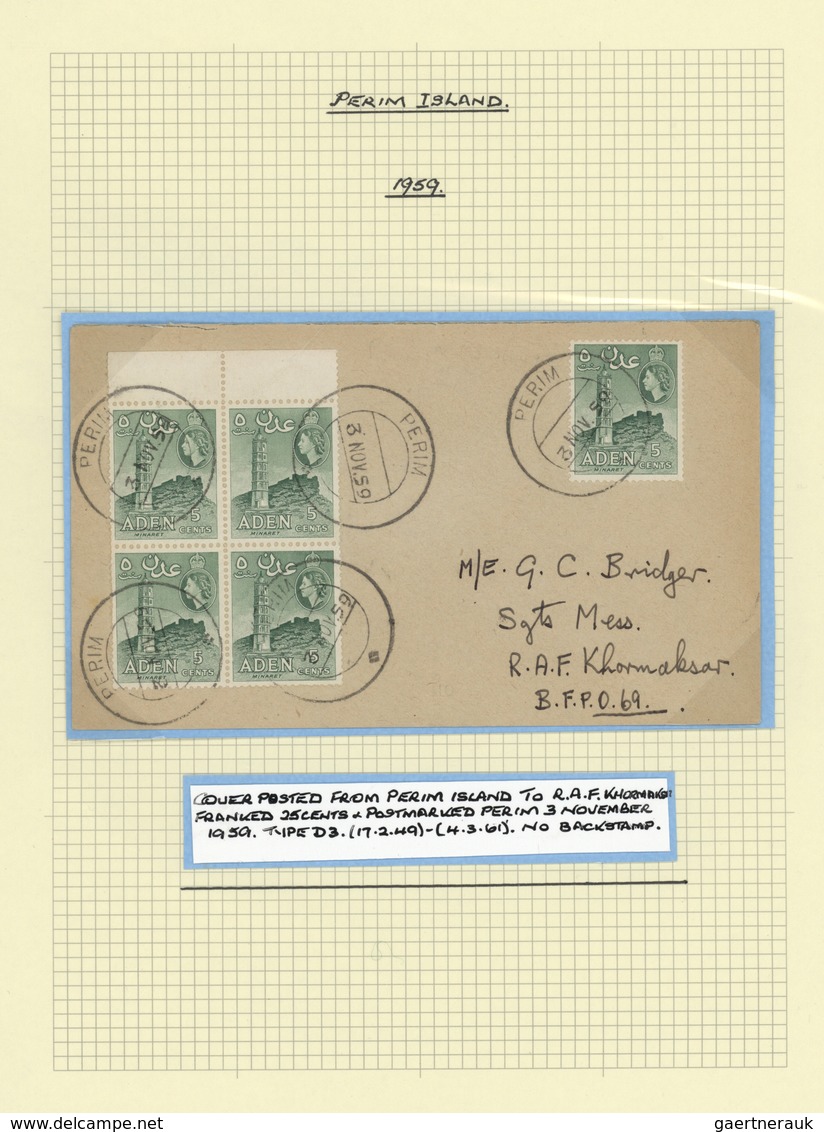 Br/GA/ Jemen: 1925-70, "KAMARAN & PERIM ISLANDS" : "THE ISLAND OF TWO MOONS" Collection bearing British Ind