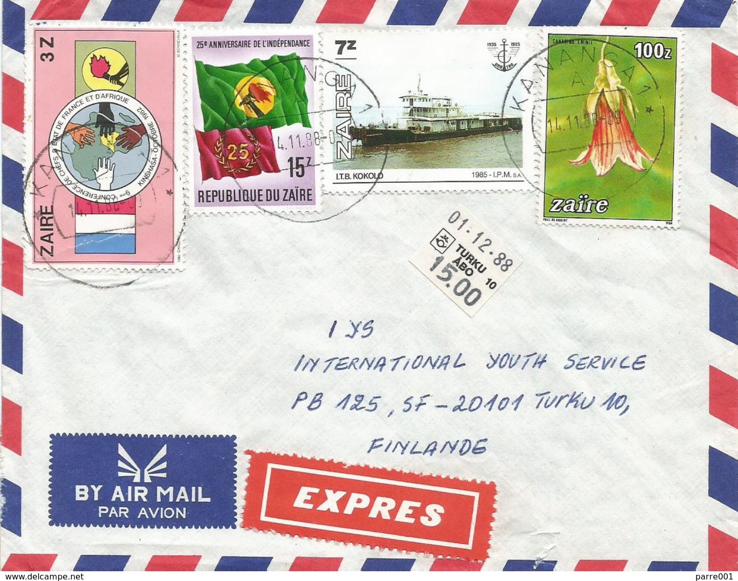 Zaire DRC Congo 1988 Kananga Flag River Boat Flower Express Cover - Gebruikt